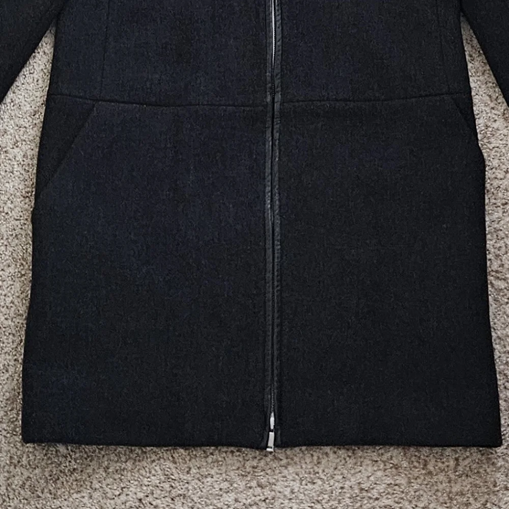 J. Crew Stadium Cloth Dark Gray Wool Blend Hooded Leather Trimmed Coat - Picture 6 of 11